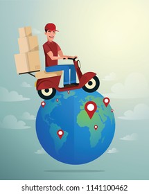 World Wide Delivery. Vector illustration of Delivery man and a world globe with delivery pin point.