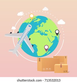 World Wide Delivery. Vector illustration of a world globe, an airplane and boxes.