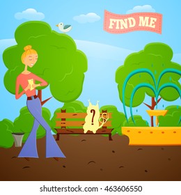 World wide game.Cartoon girl with mobile phone go searching on a nature.Vector illustration. Fashion girl go try to catch  with mobile app in a park with trees.Go application design.