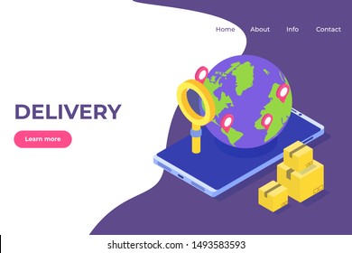 World Wide International Delivery isometric concept. Worldwide freight shipping, global logistic. Vector illustration.