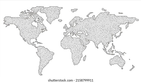 World wide internet network with circuit board. Social communications background. Earth map. Vector illustration