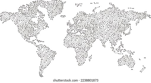 World wide internet network with circuit board. Social communications background. Earth map. Vector illustration