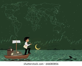 World wide investor is traveling across the ocean in the night