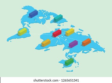 world wide shipping with container network business connected on top of world map vector illustration isometric
