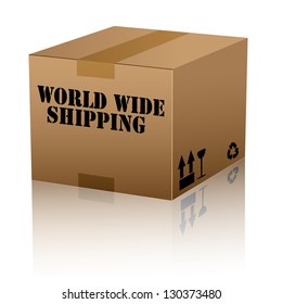 World Wide Shipping Text Over Cardboard Box Isolated. Vector Illustration