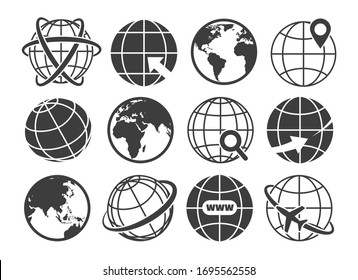 World wide shopping icons. Earth globes vector illustration icon set, globus object pictures, round spherical globe travel access black symbols on white