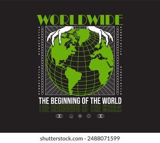 world wide slogan with hand holding the world vector illustration on black background for posters, fashion print design, streetwear, t shirt, hoodies, other creative uses.