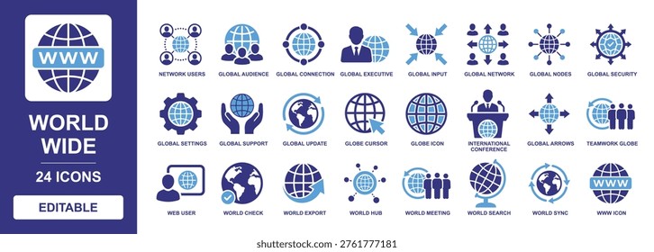 World Wide solid vector glyph icon set featuring global network, international conference, teamwork globe, web user, world search, sync, security, and globe cursor for web interface.