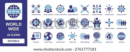 World Wide solid vector glyph icon set featuring global network, international conference, teamwork globe, web user, world search, sync, security, and globe cursor for web interface.
