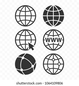 World wide web concept globe icon set. Planet web symbol set. Globe icons for websites.
