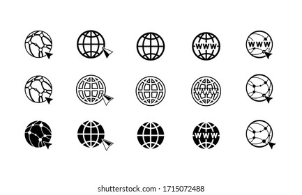 World Wide Web Concept Globe Internet Icons Set With Cursor Or Mouse Pointe . WWW Sign Icon On Isolated White Background For Applications, Web, App. EPS 10 Vector