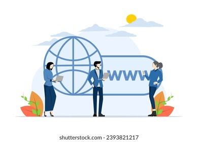 World Wide Web concept. World internet search. WWW icon. Tiny people search for information on websites. Modern flat cartoon style. Vector illustration on white background.