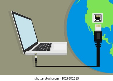 World wide web connection. Eps vector illustration of laptop and Internet wire connecting to the Earth. 