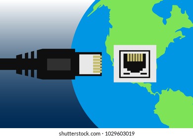 World wide web connection. Eps vector illustration of black Internet cable connecting to the Earth. 