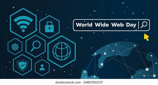World Wide Web Day. Earth, search, padlock, shield and more. Great for cards, banners, posters, social media and more. Dark blue background.