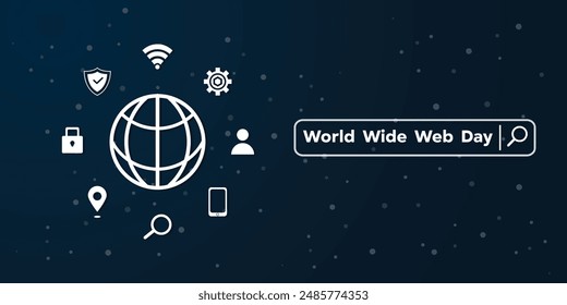 World Wide Web Day. Earth, search, padlock, shield, gear, smartphone, people icon, and mark. Great for cards, banners, posters, social media and more. Dark blue background.