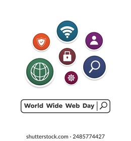 World Wide Web Day. Simple design. Earth, search, padlock, shield, people icon, and more. Great for cards, banners, posters, social media and more. White background.