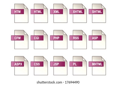 World Wide Web File Format Icons. 15 icons of popular WWW & Internet computer media file format extensions. EPS8 compatible.