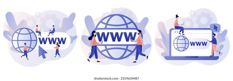 World Wide Web. Globe Internet-Suchkonzept. WWW-Symbol. Kleine Leute, die auf Websites nach Informationen suchen. Moderner, flacher Cartoon-Stil. Vektorgrafik auf weißem Hintergrund