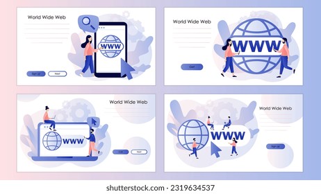 World wide web. Globe internet search concept. WWW icon. Tiny people looking for information on websites. Screen template for landing page, template, ui, web, mobile app, poster, banner, flyer. Vector