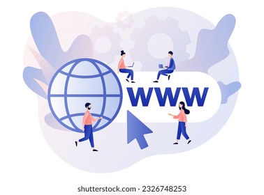 World wide web. Globe internet search concept. Tiny people looking for information on websites. WWW icon. Modern flat cartoon style. Vector illustration on white background