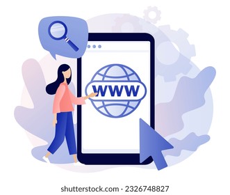 World Wide Web. Globe Internet-Suchkonzept. Kleine Frau, die Informationen in der Smartphone-App sucht. WWW-Symbol. Moderner, flacher Cartoon-Stil. Vektorgrafik auf weißem Hintergrund