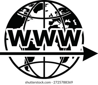 World Wide Web-Symbol mit Globus-, Pfeil- und WWW-Text für Internet, globalen Zugriff, Online-Navigation und Design-Content für digitale Konnektivität