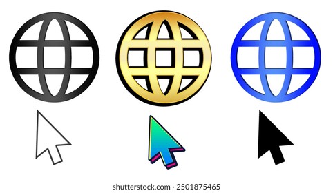Icono de Web mundial www globo iconos dorado azul y rojo. Icono de Hacer clic.