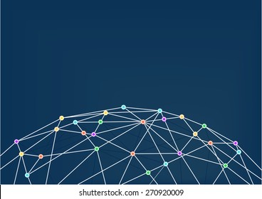 World wide web with line connections between colorful intersections. Close up of world grid with polygons, line connections and flat design.