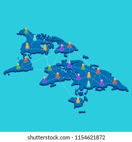 The world wide web. Networking around the world. The map in isometric view. Abstract people. Vector illustration.