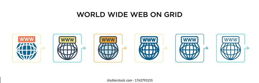 Weltweites Web auf Gitter Vektorsymbol in 6 verschiedenen modernen Stilen. Schwarzes, zweifarbiges, weltweites Web auf Gittersymbole, die in voller Umriss-, Linien- und Strichform entworfen wurden. Vektorgrafik kann verwendet werden