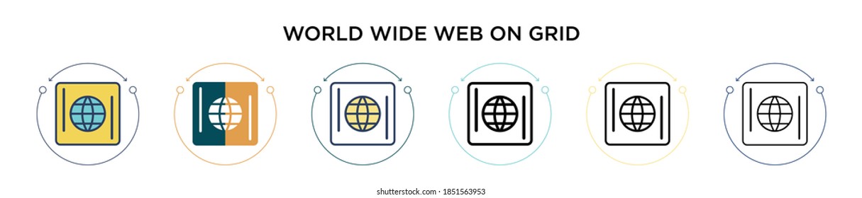 World wide web on grid icon in filled, thin line, outline and stroke style. Vector illustration of two colored and black world wide web on grid vector icons designs can be used for mobile, ui, web