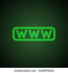World wide web simple icon vector. Flat design. Green neon on black background with green light.ai