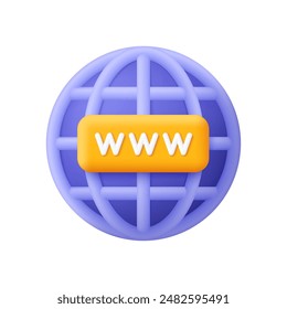 World wide web symbol. Internet, globe hyperlink, browser icon. Globe with www sign. 3d vector. Cartoon minimal style.