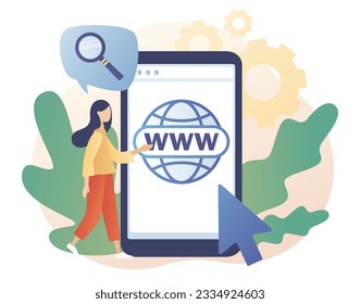 World wide web. Tiny woman looking for information in smartphone app. Globe internet search concept. WWW icon. Modern flat cartoon style. Vector illustration on white background