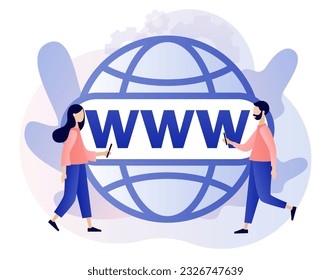 World wide web. WWW icon. Globe internet search concept. Tiny people looking for information on websites. Modern flat cartoon style. Vector illustration on white background