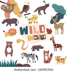 World of wild life animal is cute set with Eagle,sloth, wolf ,giraffe, rhino, fox ,snake, python, bear ,lion, leopard, tiger, deer, zebra, leaf grass and stone comic style colorful flat design