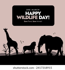 World Wild life Day. March 3rd World Wildlife day celebration banner with  silhouette wild animals in black colour on brown background. Conceptual banner and post to celebrate World wildlife day.  