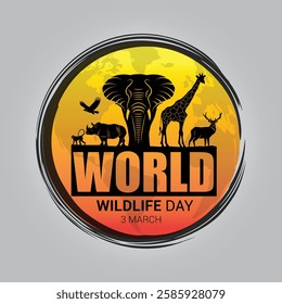 World Wild life Day. March 3rd World Wildlife day celebration banner with silhouette wild animals and world map at the background. Conceptual banner and post to celebrate World wildlife day.