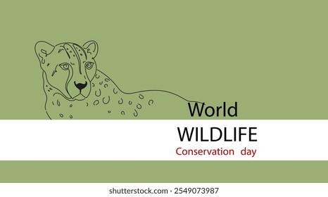 World Wildlife Conservation Day. Cheetah in wild jungle. Vector continuous line illustration. Wild animal day.
