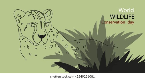 World Wildlife Conservation Day. Cheetah in wild jungle. Vector continuous line illustration. Wild animal day.