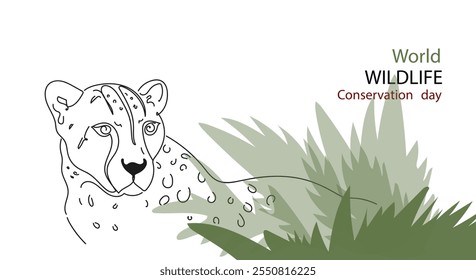 World Wildlife Conservation Day. Cheetah in wild jungle. Vector continuous line illustration. Wild animal day.