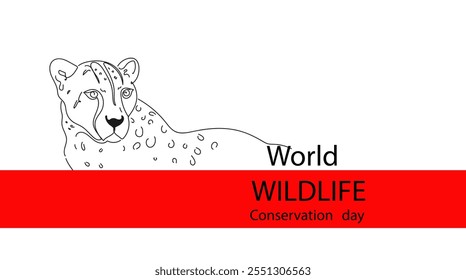World Wildlife Conservation Day. Cheetah in wild jungle. Vector continuous line illustration. Wild animal day.