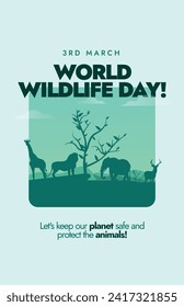 Welttag der Tierwelt. 3. März Welt Wildlife Day Fest Banner, Story Post mit Silhouette Wildtiere und Waldkonzept. Lass uns die Pflanzen sicher halten und die Wildtiere schützen. 