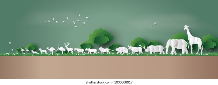  World Wildlife Day with the animal in forest , Paper art and digital craft style.