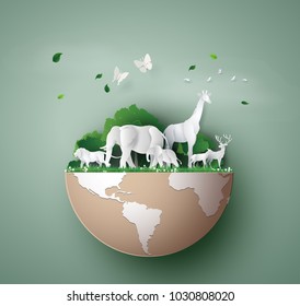  World Wildlife Day with the animal in forest , Paper art and digital craft style. - Shutterstock ID 1030808020