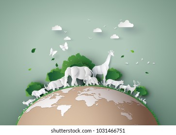 World Wildlife Day with the animal in forest , Paper art and digital craft style. - Shutterstock ID 1031466751