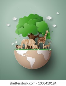 World Wildlife Day with the animal in forest , Paper art and digital craft style. - Shutterstock ID 1303419124
