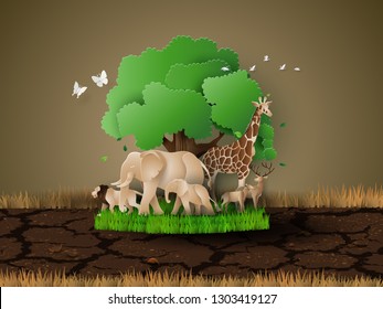 World Wildlife Day with the animal in forest , Paper art and digital craft style.