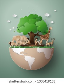 World Wildlife Day with the animal in forest , Paper art and digital craft style.